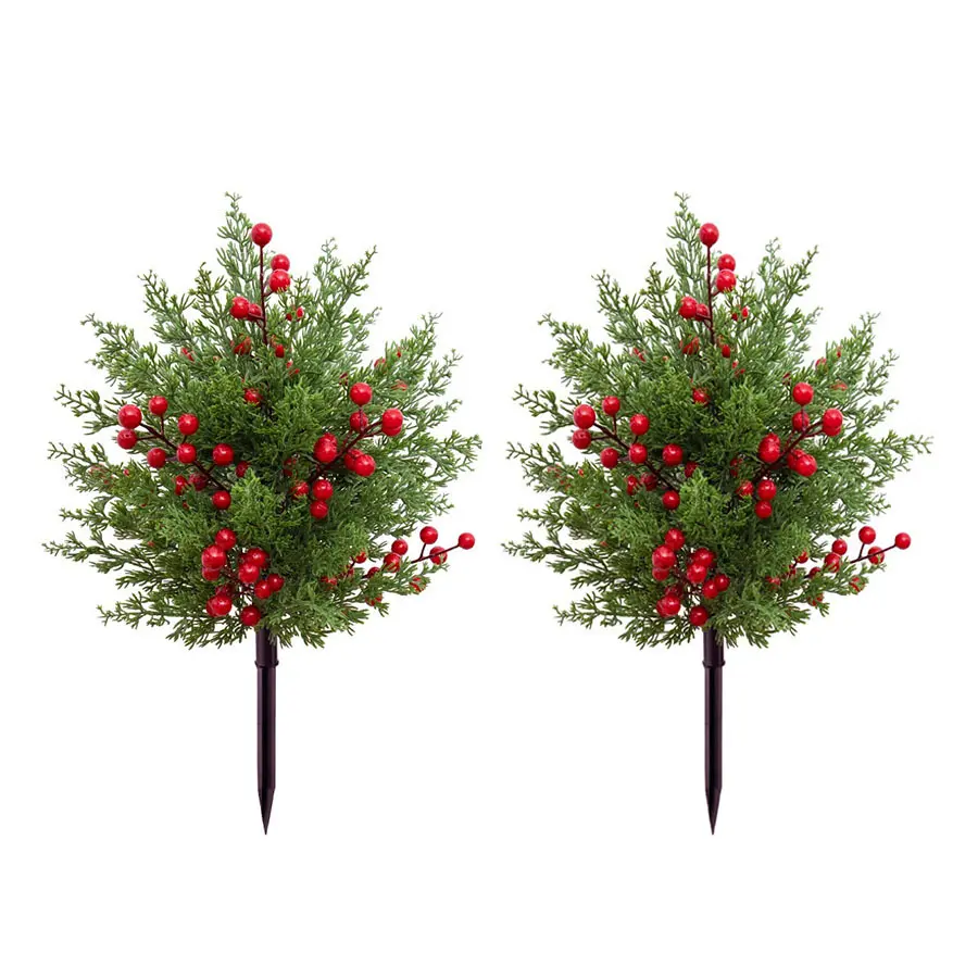 2-Piece 20-Inch Christmas Tree Set, Artificial Pine Needles, Berry Decorations, Faux Bushes, Outdoor Pathway Garden Decoration, Holiday Decorating, Non-Woven