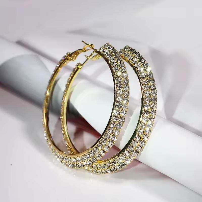 Sunber Gold Color Rhinestone Hoop Earrings For Women 2 Layers Crystal Big Round Circle Earrings Evening Party Jewelry