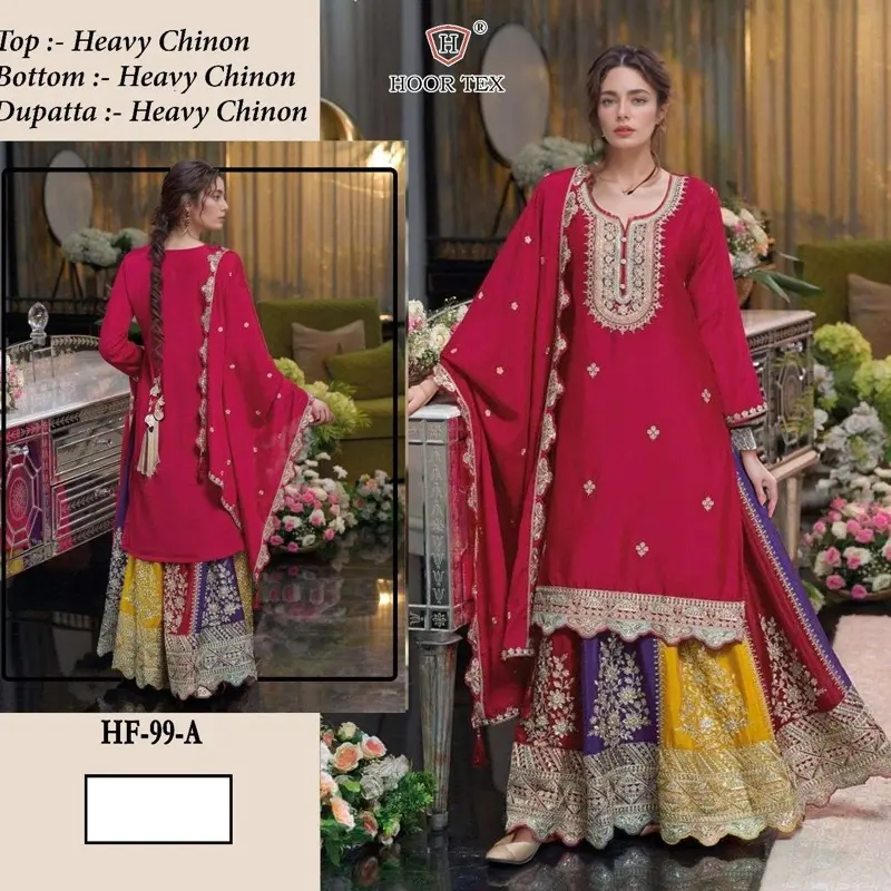 Heavy Embroidery Work 3-Piece Chinon Fabric Lehenga Suit, Size 44, Elegant Formal-Party Gown Style with Sharara Salwar