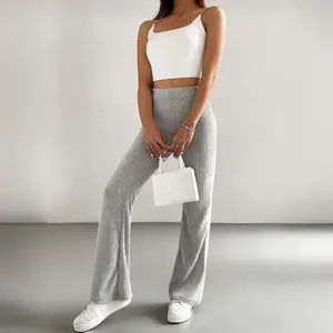 Women's Trousers Ribbed Knit Bell Bottom Pants High Waist Stretchy Casual Trousers