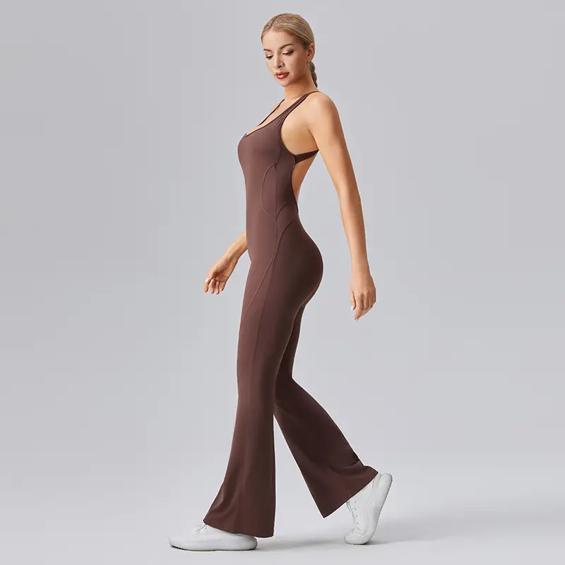 Women's Solid Color Flared Pants Sporty Overalls - Lightweight, Comfy, Breathable Fitness Outfit Athleisure, Yoga Workout Jumpsuit for Summer Yoga, Gym; Women's Clothes Activewear
