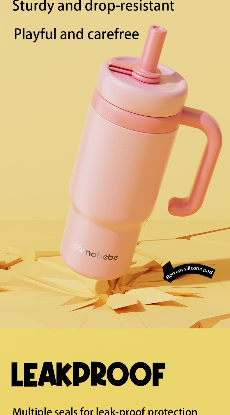 【COMOBEBE】24oz Stainless Steel Whale Fountain Tumbler – Spill-Proof, Dual Lids, Durable Handle, Dishwasher Safe, Cute and Fun for Kids & Adults