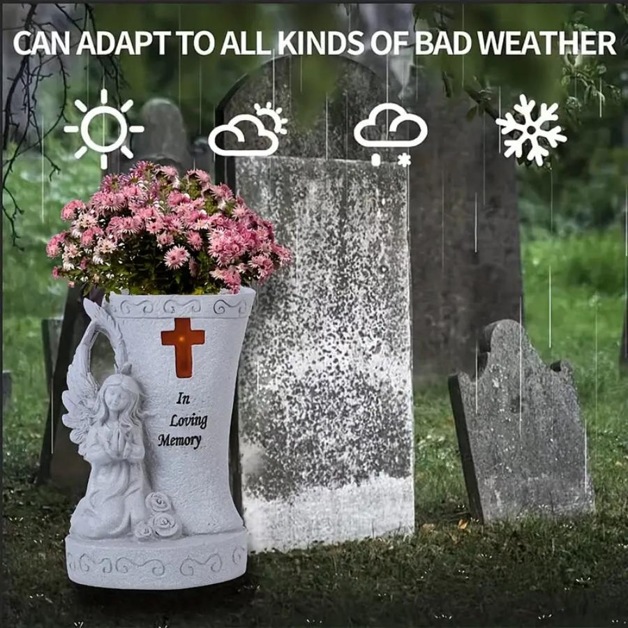 White Religious Heaven Angel Wing Cross Synthetic Figurine - Solar LED Light Resin Vase Ornament, Graveyard Bereavement Memorial Gift for Relatives (Figurines, Statues & Bobbleheads Category)