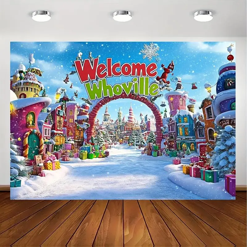1pc Whoville Christmas Village Backdrop -Holiday Decorations & Santa Sleigh - Ideal for Party Decor, Photo Shoots & Photography Studio Props, Christmas Outdoor Decorations, Perfect for Gifts