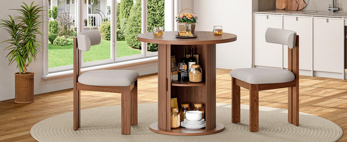 【SPOTLIGHT DAY】ONBRILL 31.5 Inch Round Dining Table for 2, Fluted Kitchen Table with 2-Tier Storage Shelf, Small Dinner Tables with Sliding Door and Wood Strip Base for Kitchen, Living Room