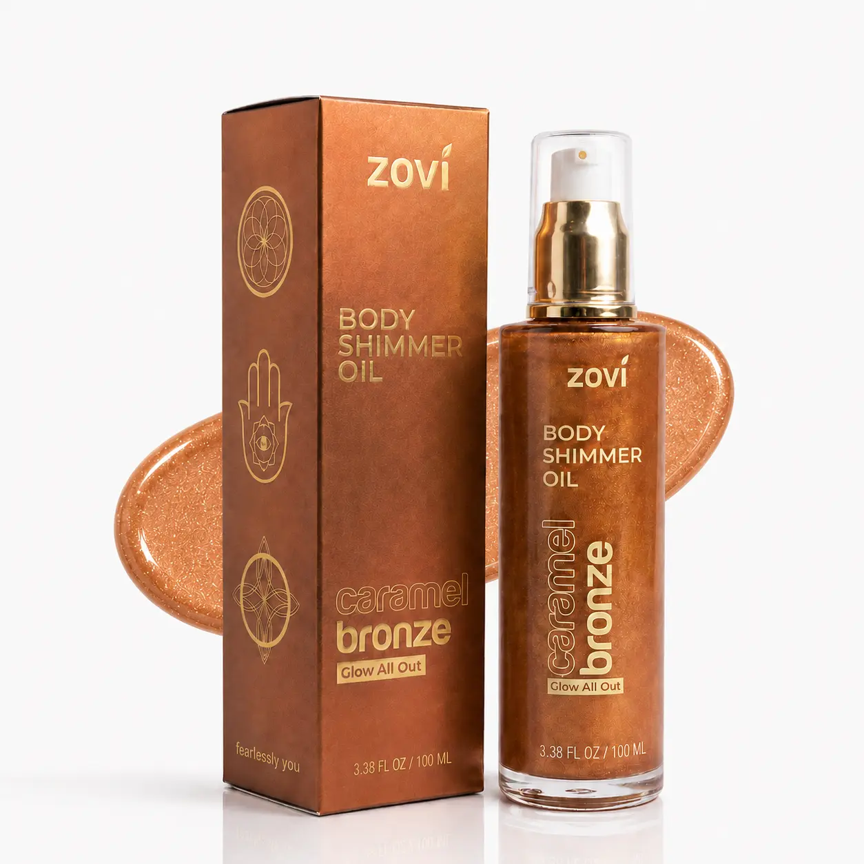Zovi Body Glow Shimmer Oil - Silky, Lightweight Blend with Caramel Bronze, Silk Rose Golden Nectar, Jojoba Oil & Cocoa Scent for Enhanced Radiance