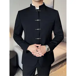 Men'S Modern Mandarin Collar Suit Jacket Traditional Chinese Style Tang Coat - Polyester Blend with Elastane and Rayon, Solid Color, Fashion Stand Collar, Slight Stretch Fabric, Single Breasted with Button Details, Regular Fit Long Sleeve - For Men - Suit