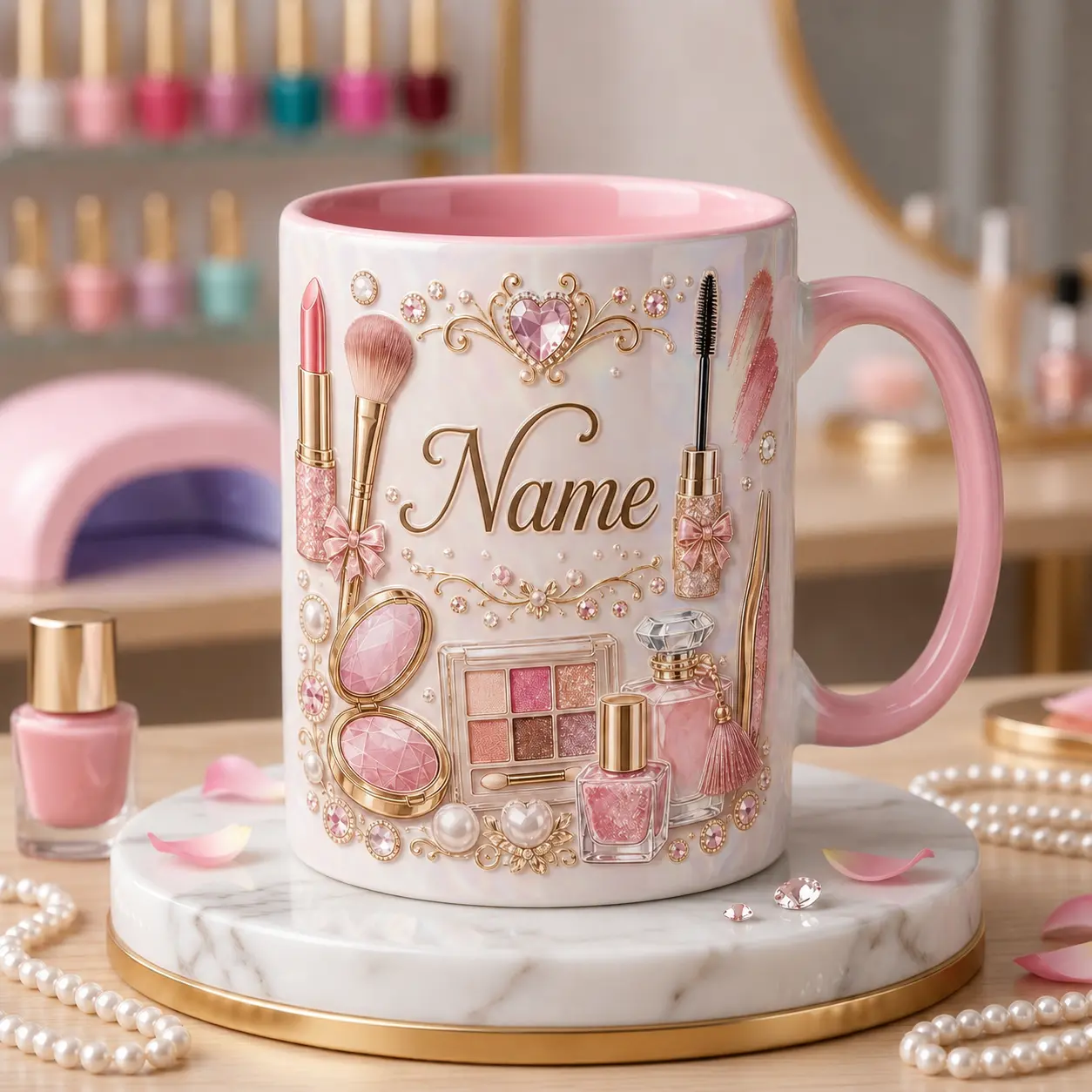 Personalized Makeup Mug, 2D Printed 3D Effect Glamour Beauty Graphics Ceramic Coffee Cup with Custom Name, Stylish Fashionista Mug for Makeup Lovers and Beauty Artists, Chic Vanity Desk Drinkware, Perfect Birthday Christmas Gift Idea