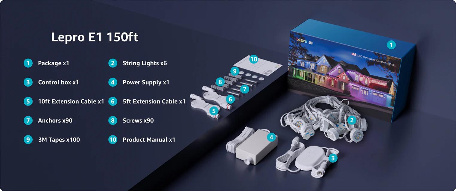 Lepro AI Permanent Outdoor Lights E1-60 100ft with 60 Triple-LED Smart RGBIC+Warm/Cool White Waterproof Lighting Themes APP Control Alexa Google Enabled Lepro AI Permanent Outdoor Lights E1-60 100ft with 60 Triple-LED Smart RGBIC+Warm/Cool White Waterproof Lighting Themes APP Control Alexa Google Enabled