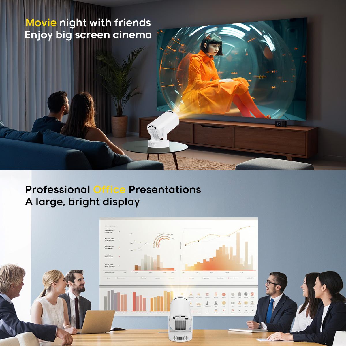 Smart Projector HY300Pro+ with 8K/4K/1080P Decode 290ANSI Lumens Auto Keystone Correction Built-in 5W speaker Dual WiFi6 Wireless BT5.4 Android 14 Native 1280*720P for Home Cinema Portable Movie Theater