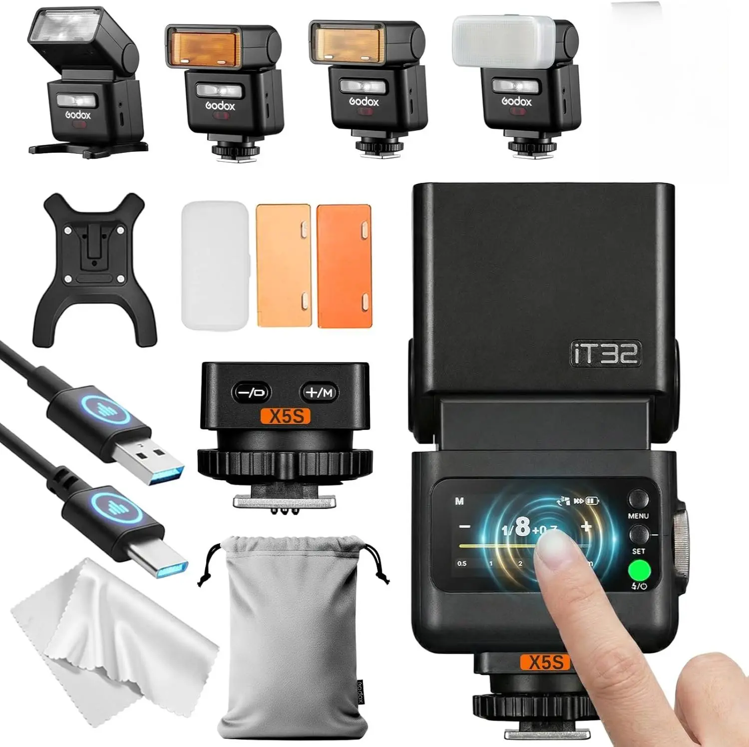 Godox iT32 TTL Camera Flash with X5 Trigger for Sony Canon Nikon Fuji Olympus Panasonic Leica Cameras 2.4G HSS 1/8000s, Hotshoe & Trigger 2-in-1; Compatible with Canon EOS RP R5 R6 R10 R100 R5 Mark II 90D 750D R5C R3 M50 M3, Wireless, Charging, Connection