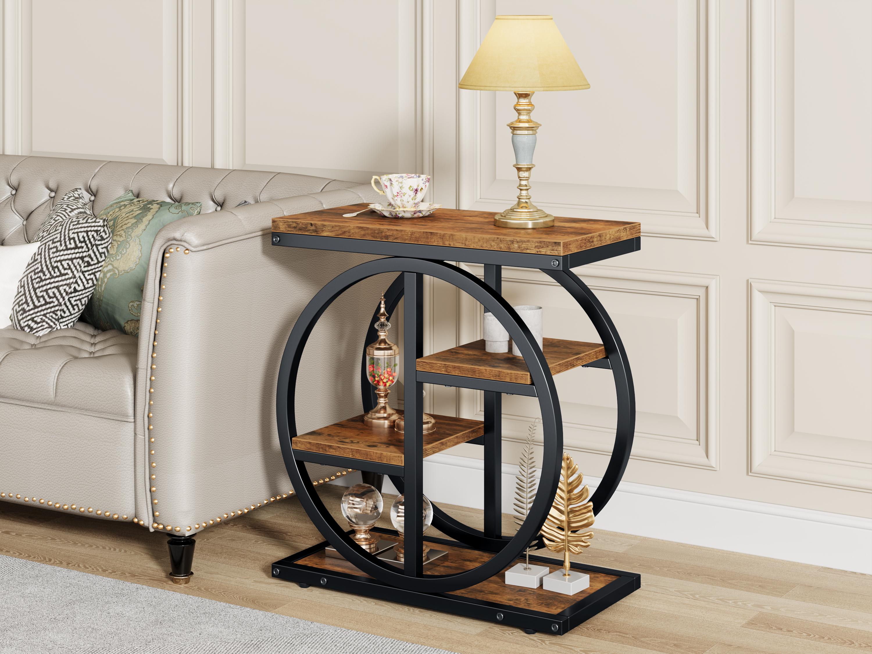 Semoic End Tables for Living Room 4-Tier Narrow Side Table with Storage Space Wood Slim Sofa Side Table with Geometric Metal Frame Industrial Skinny Nightstand and Bedside Table Rustic Brown