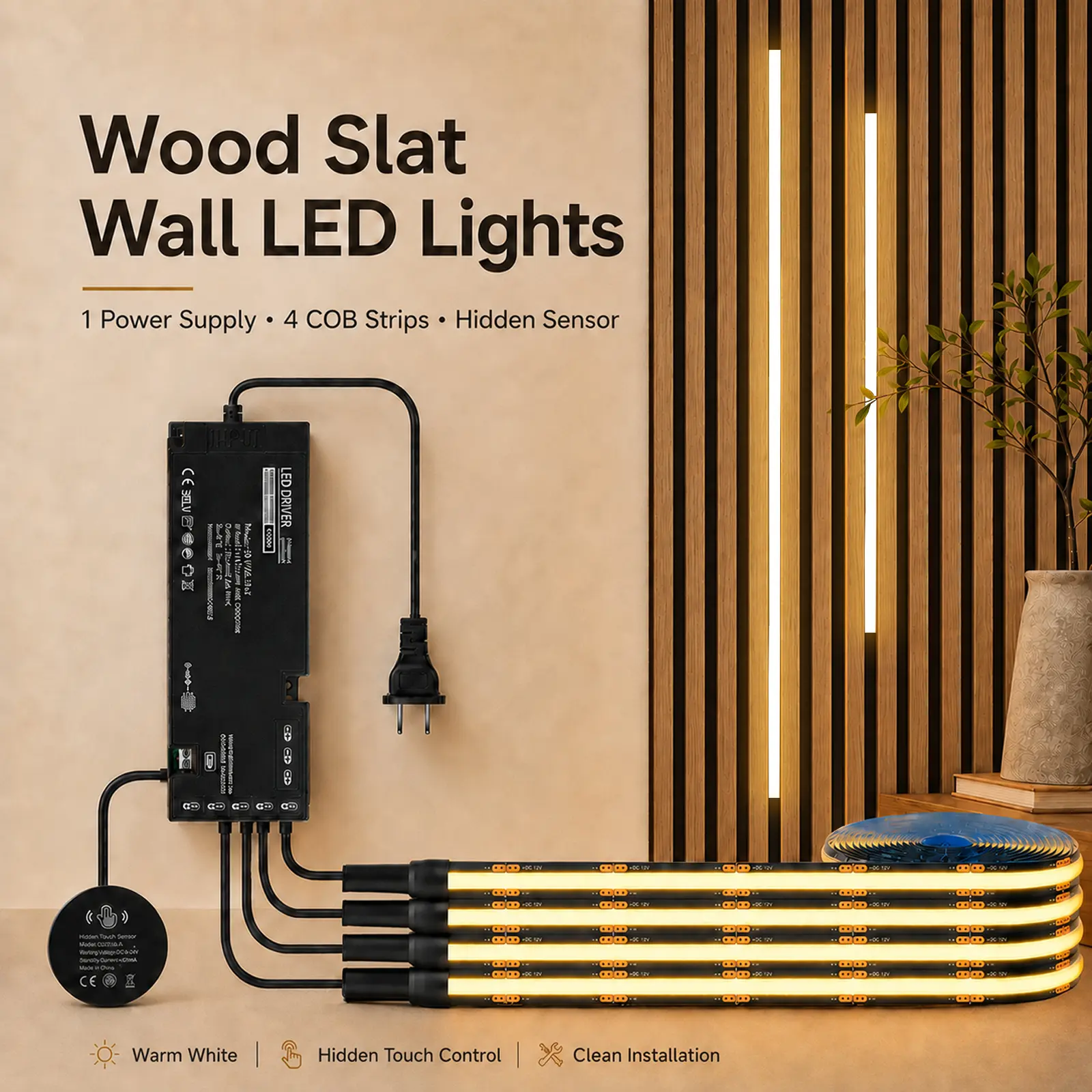 12V Input COB LED Light Kit Pack, 4-Pack 1m Strips (4M/13.1Ft Total), Dimmable Sensor-Controlled, US Plug for Acoustic Slat Wall Panels, Kitchen Cabinets, Home Decor for Wall