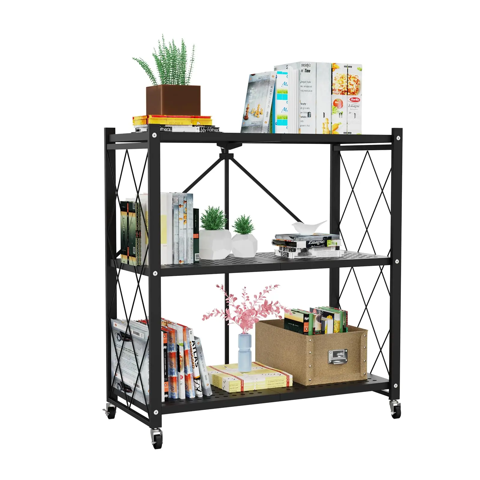 Multi-Layered Black 3-Tier Compact Fold Metal Wire Storage Cart with Locking Wheels - 550 lbs Heavy-Duty No-Assembly Organizer, Shelves for Kitchen Pantry, Garage Storage Organization