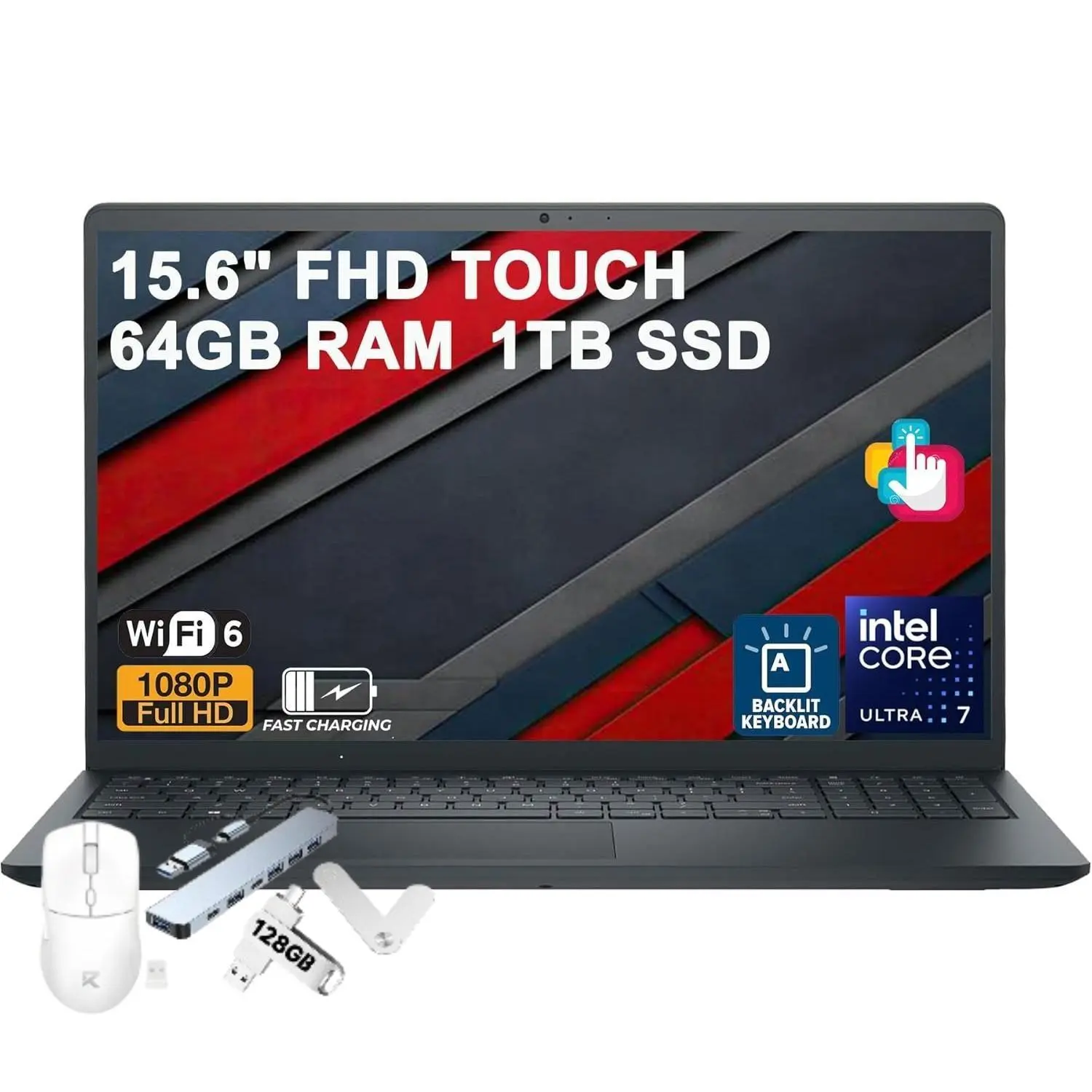 Dell D1523 2-in-1 Laptop, 15.6" FHD Anti-Glare Touchscreen Display, Intel 12-Core Ultra 7 255U, 64GB RAM, 2TB SSD, Backlit Keyboard, Type-C, ExpressCharge, Built-in Li-ion Long-Lasting Battery, for Creator Business, Win11, Fhd Display