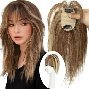 5*9cm   With Bangs,Clip In  Human  Extensions,Invisible Natural Hairpieces For Women,Quickly/Easy Wearing For Daily,Styling With Air Bangs,Covering White Hair&Thin , Hairpieces,Black/Brown/Blonde  ,8-14inch Topper Breathable Lightweight