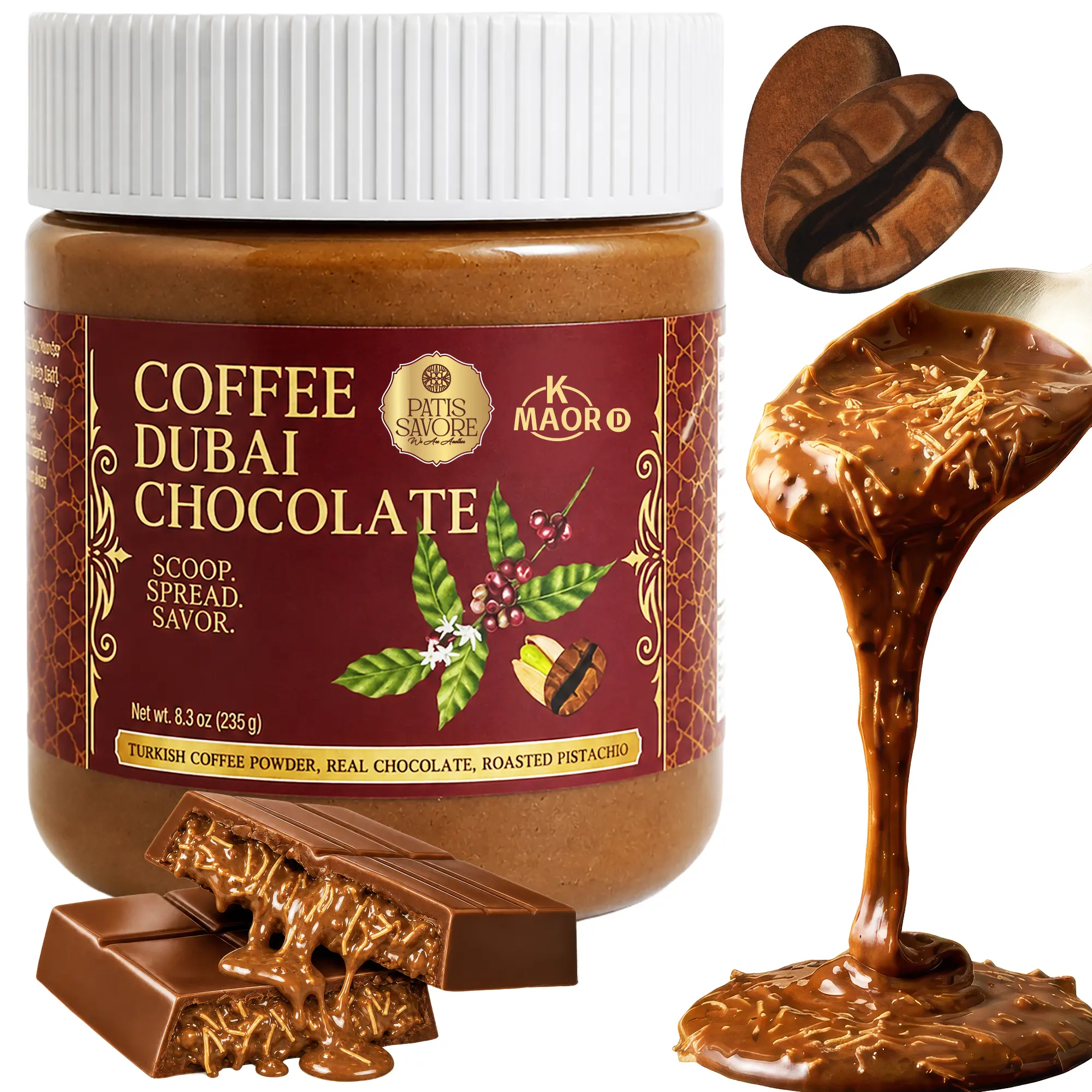 Dubai Milk Chocolate Spread with Coffee and Crunchy Kataifi – 8.3oz (235g) Gourmet Middle Eastern Coffee Chocolate Delight – Rich Creamy Velvet Texture, Premium Holiday Dessert Gift Jar Hazelnut
