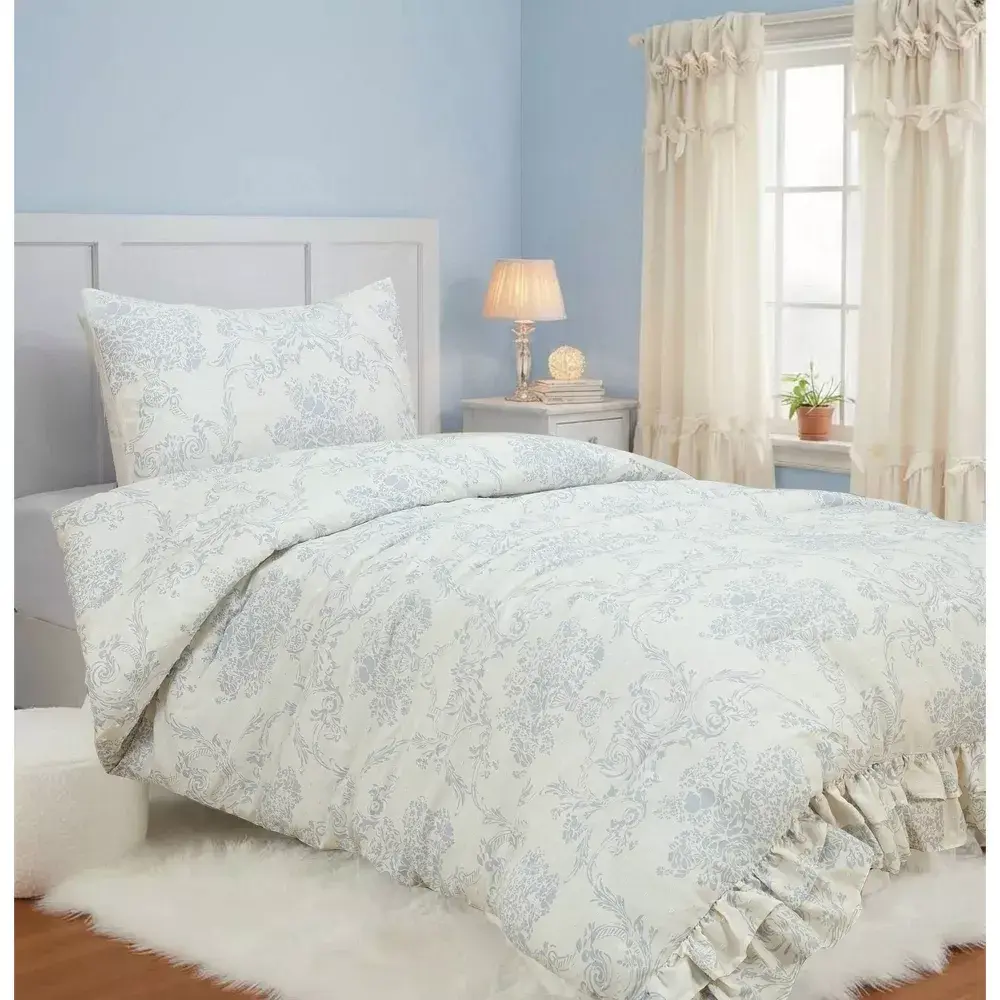 Classic Bed Comforter Set, Twin Size Woven Fabric Ruffle Floral Bedding, Set Includes Comforter