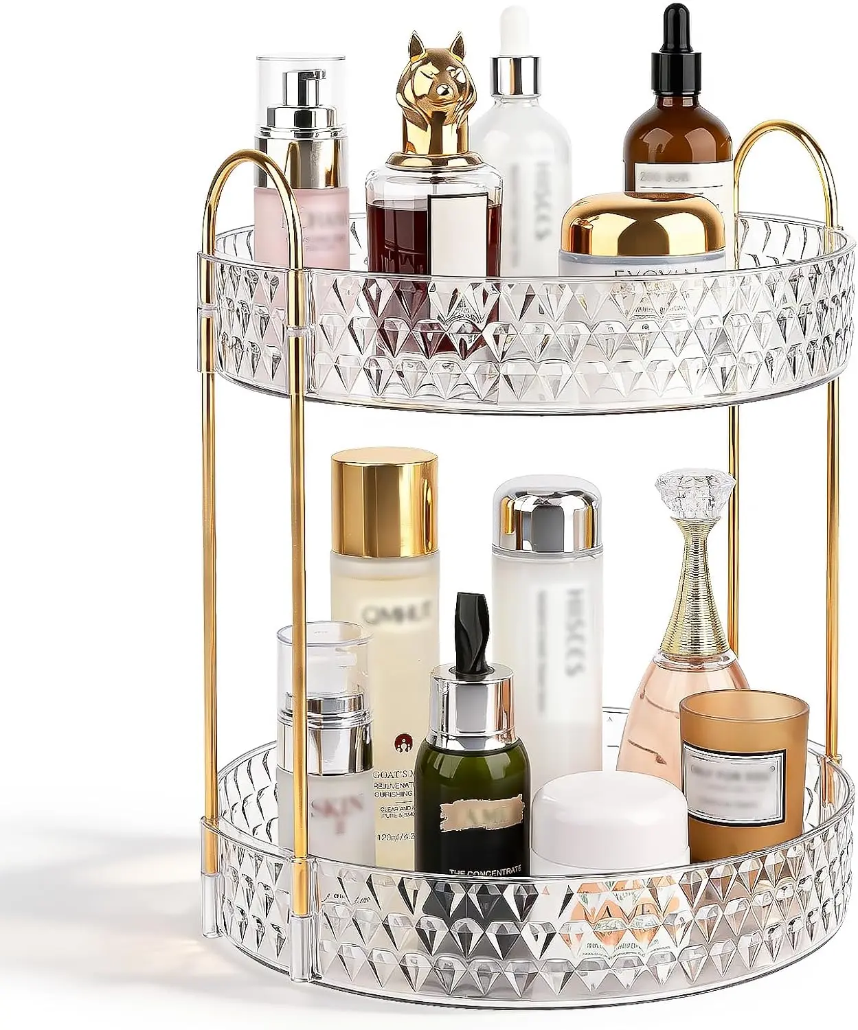 Large Capacity Rotating Makeup Organizer Perfume Stand Holder, 2 Tier Clear