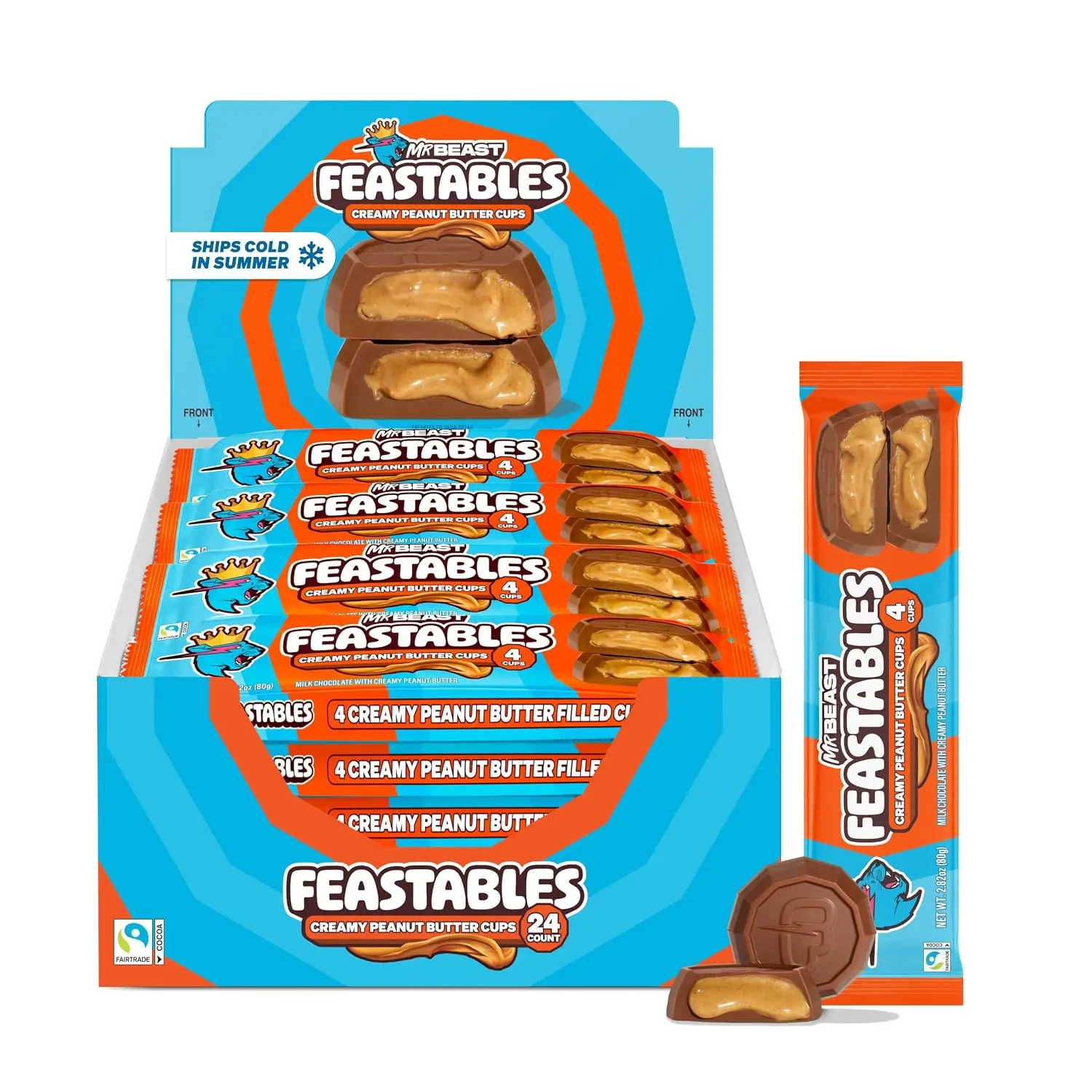 MrBeast Feastables Peanut Butter Cups Milk Chocolate 24 Count, 2-Cup Packs | Fairtrade Cocoa Candy Snacks, Shareable Treats, Party Dessert Gifts