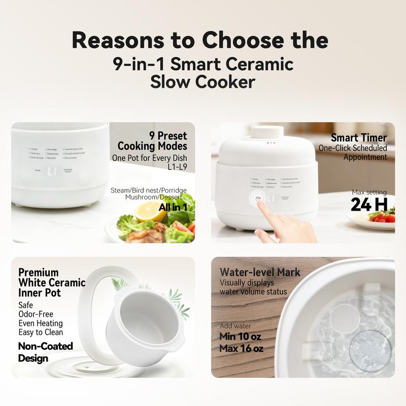 TazTir Electric Stew Pot Small Slow Cooker 1QT Smart Appointment Ceramic Interior Pot Automatic Multifunction Rice Cooker Electric Stew for Home Kitchen Chocolate Fondue Mug Set