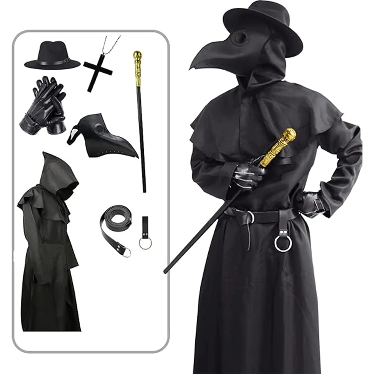AYJKSEVEN Unique Scary Halloween Costume for Men, Plague Doctor Outfit with Bird Beak Mask & Hooded Black Cloak Robe, Mens Special Occasion Clothing (Halloween Costume Ideas), Unique Halloween Costume, Scary Halloween Costume Ideas