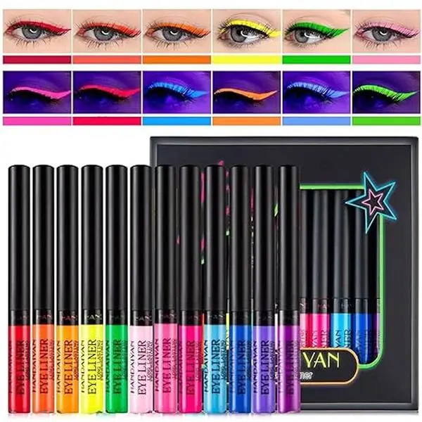 12 Colors Matte Liquid Eyeliner Set, UV Glow Neon Eye Liner Pen, Waterproof Smudgeproof Long Lasting Eyeliner, Eye Makeup Gift Kit for Women and Girls,Pigmented Graphic Liners,Lipliner Set, Birthday Party,Daily Cosmetic,Halloween blue eyeliner