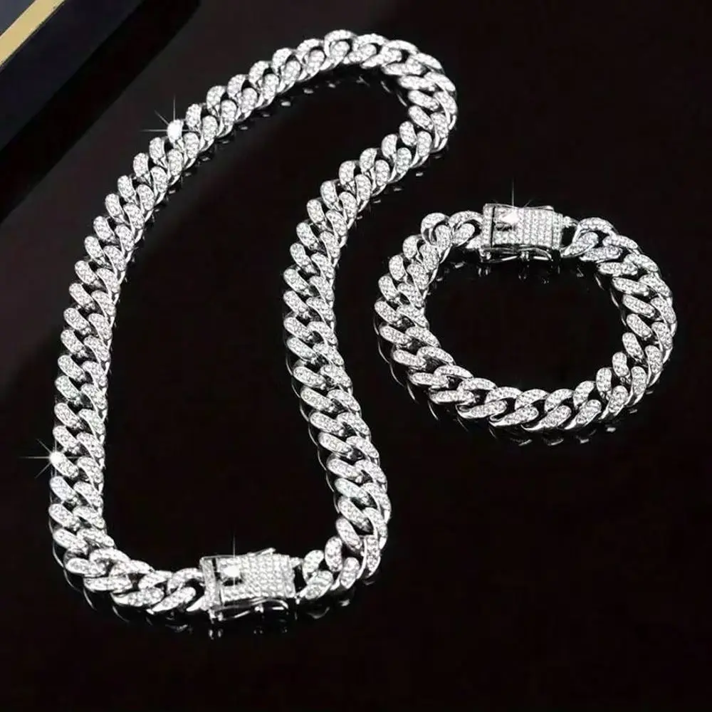 13mm Iced Out Cuban Chain & Link Jewelry Set - Men's Diamond Cut Hip Hop Bling, High Polish Finish, Geometric Metal Coating, Unisex Daily Wear for Anniversary, Birthday, Christmas