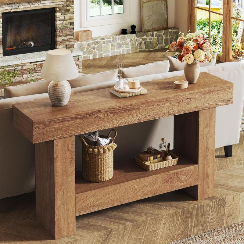 63 Inches Long Console Table, Sofa Table with Storage Behind Couch, Entryway Table with Open Storage, Farmhouse Console Tables for Entryway, Living Room, Hallway, Oak Color