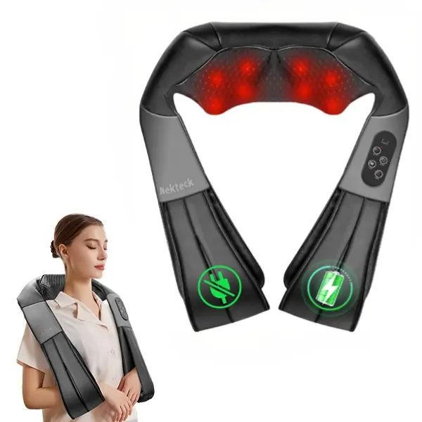 Nekteck Cordless Shiatsu Neck & Back Massager with Heat - 8 Nodes, 3 Intensity Levels, Rechargeable Battery, Ergonomic Design for Pain Relief, Gifts for Father Mother Friend