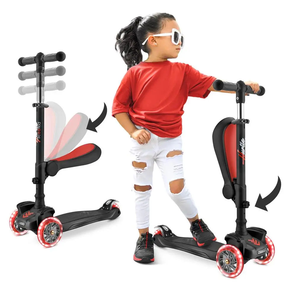 Mini Kids Scooter - Black | 3-Wheel Kick Scooter with Sit or Stand with Removable Fold-Out Seat - Adjustable Height, LED Wheels, Anti-Slip Deck & Lean-to-Steer Technology - Portable Toddler Scooter for Indoor & Outdoor Play