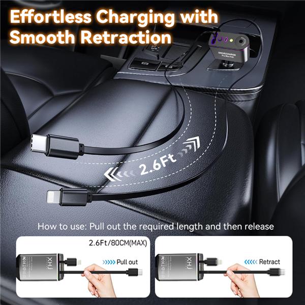Smart Retractable Car Charger & Air Freshener - 66W Fast Charging with Dual Type-C/Lightning Adapter for All Phones, Starlight Projector Mood Light & Aromatherapy Diffuser,Includes 6 x 10ml Perfumes,Ideal Car Accessories & Christmas Gift for Men