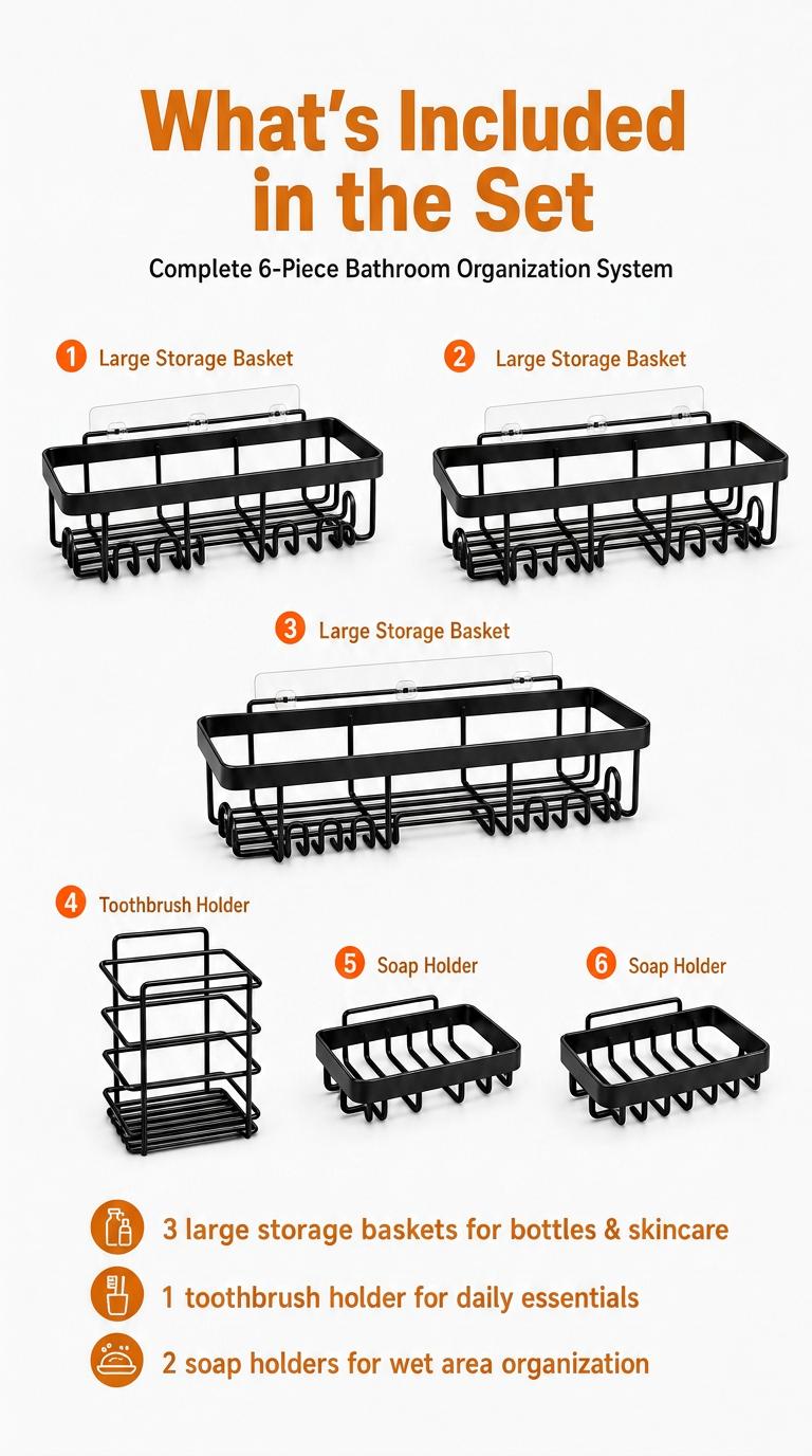 Modern 6-Piece Compact Steel Shower Caddy Rack Set, Stick-On No-Drilling Bathroom Shelves with Soap Holder, Home Bathroom Storage Organizer Essentials Gadgets
