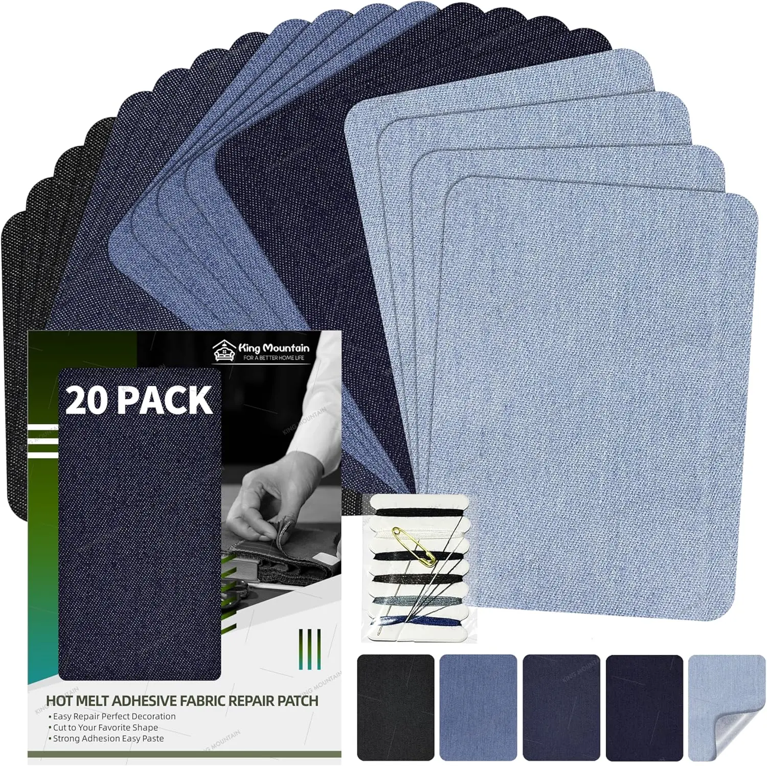 Iron-On Repair Patch 20 Pcs Pack, Denim Patches for Jeans Kit 3" by 4-1/4", 100% Cotton Denim Iron-On Repair Patch,Jeans and Clothing Repair and Decoration Kit (Five Color) KING MOUNTAIN