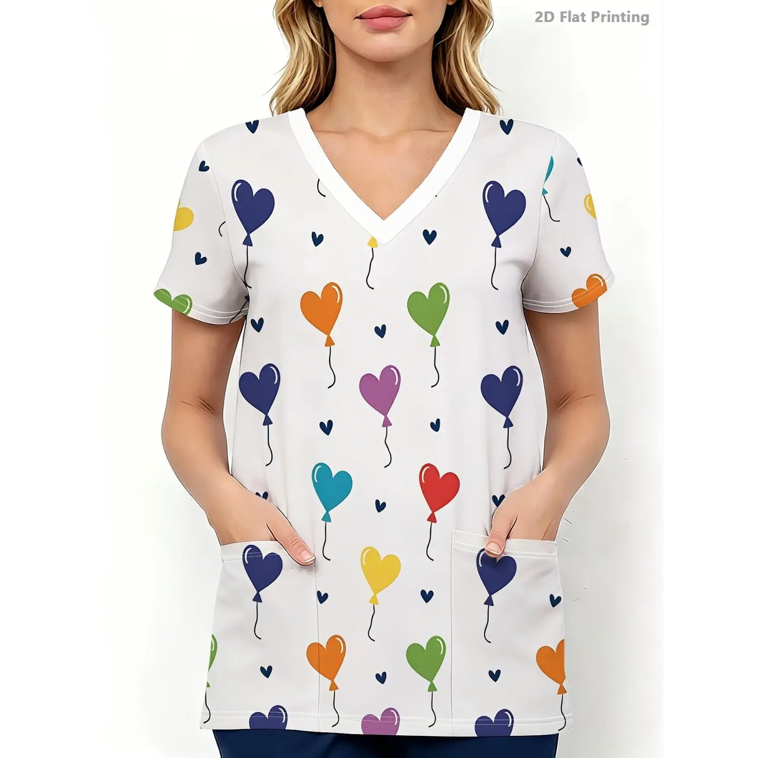 Colorful V-Neck Women's Top with Pocket Design - Short Sleeve T-Shirt for Spring, Summer, and Autumn - Stylish Caregiver Uniform with Balloon and Heart Pattern