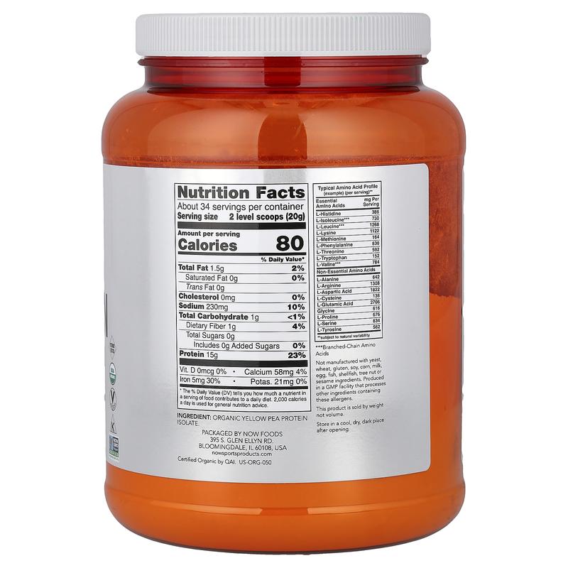 NOW Foods Sports, Organic Pea Protein Powder, Unflavored, 1.5 lbs (680 g)
