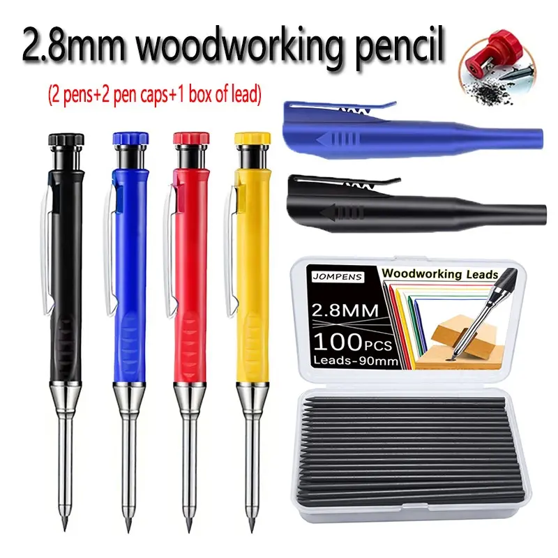 2.8mm metal woodworking pencil set, Drawing Supplies, 2 pens+2 pen caps+1 box of leads, HB lead, fracture resistant, Durable construction, suitable for deep hole marking/office stationery/engineering drawings/carpenters, Metal Mechanical Pencils