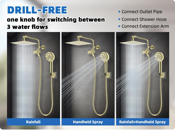 Hibbent All Metal Shower Head, 10" High Pressure Rainfall/Handheld Shower Combo with 11" Extension Arm, 10-Spray Handheld Showerhead, 71" Long Hose, 3-Way Diverter Valve, Shiny Gold