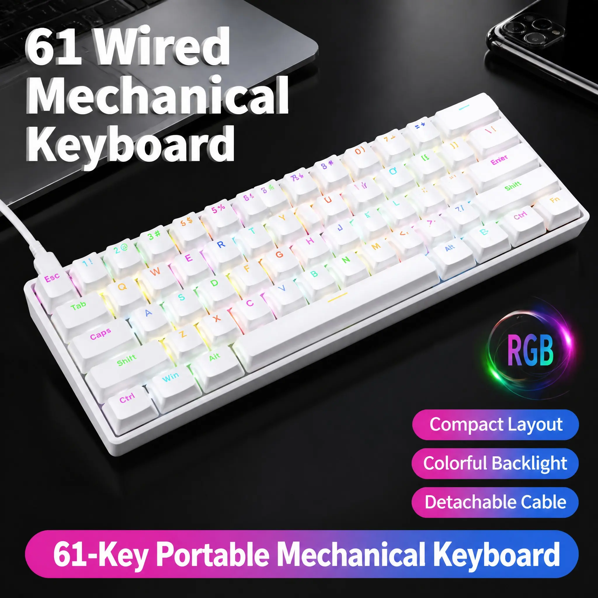 61-Key Gaming Keyboard - 60% Layout, Hot-Swappable Red Switches, 17-Mode RGB Backlighting, Detachable USB-C Cable, Ergonomic Design, 60 Percent Keyboard for Gaming, Work, Travel on PC/Mac