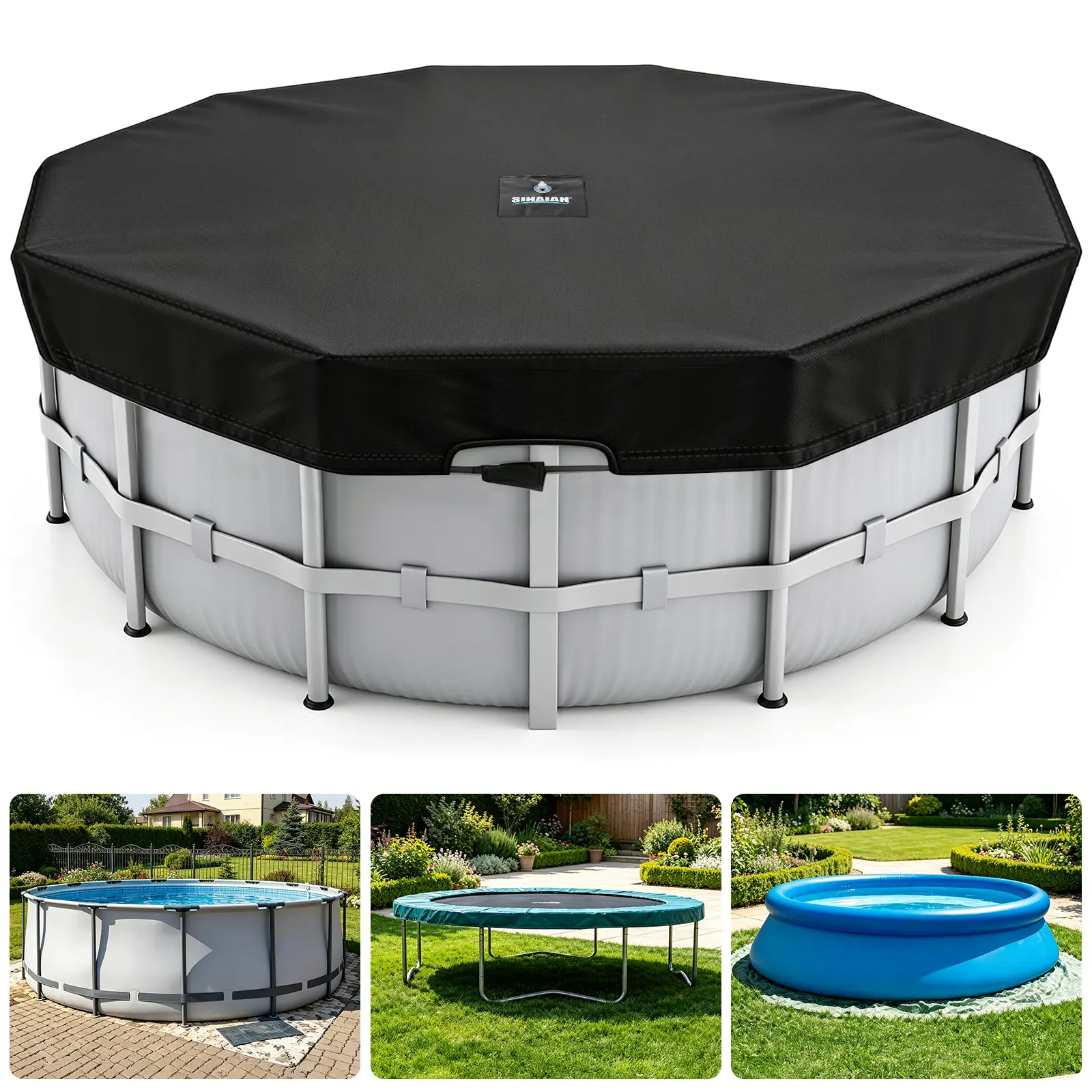 SIHAIAN Round Pool Cover, Quick Installation and Removal Above Ground Pool Cover, One-Piece Round Pool Cover, Waterproof, Preventing Waterlogging, UV and Weather Resistant Solar Swimming Pool Cover