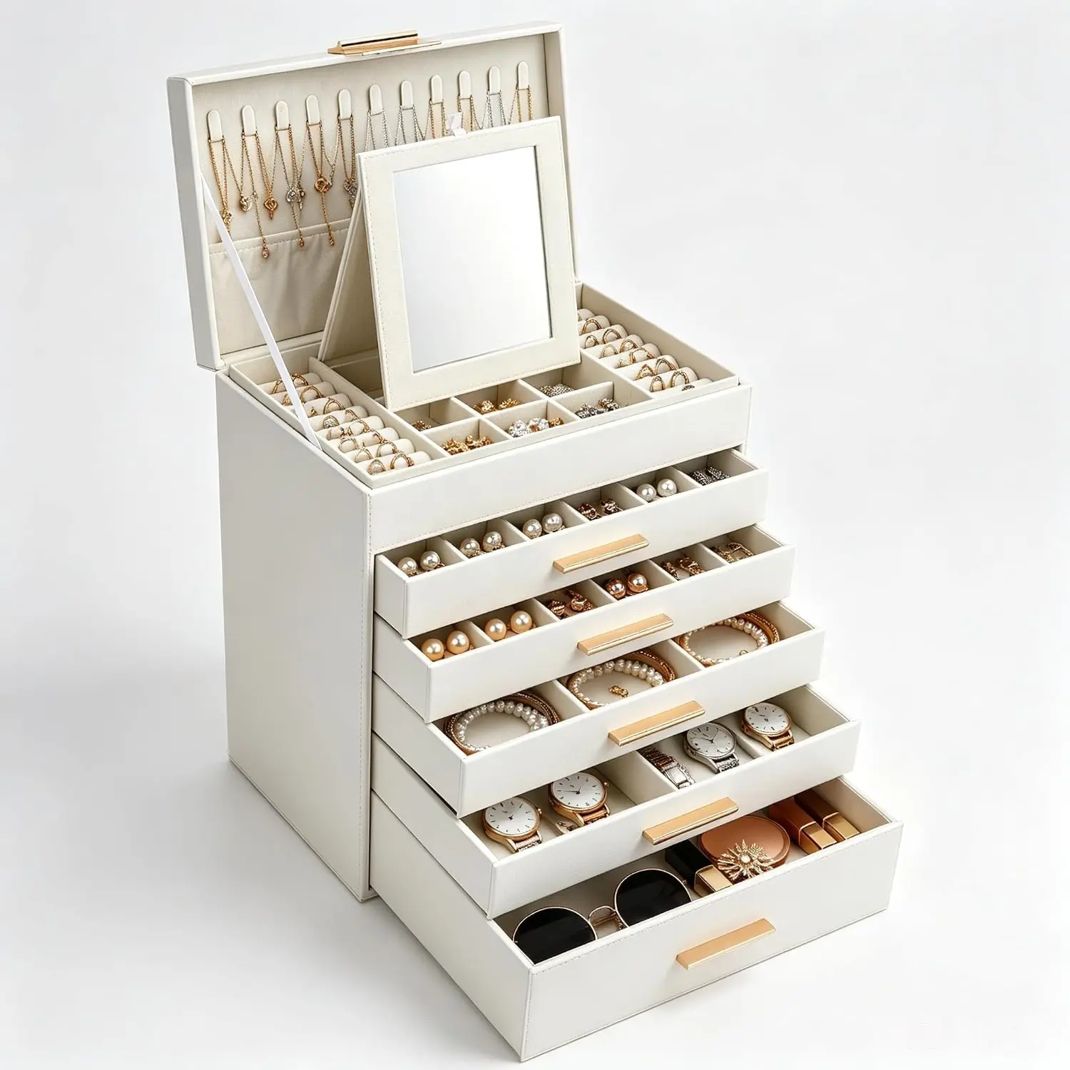 BOOVO Large Jewelry Box Organizer - 6 Layer Multi Compartment Design with Mirror for Necklace Earrings & Bracelets Storage White Jewelry Boxes & Organizers for Women