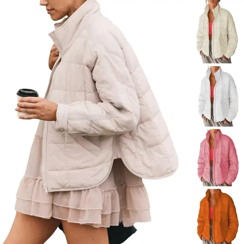 Naeduo Women's Oversized Quilted Lightweight Puffer Jacket Casual Padded Coat Long Sleeve Collared Khaki Outerwear Basic Everyday Wear
