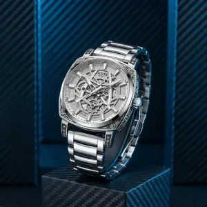 Luxury Men's Tonneau Skeleton Watch | Avant-Garde Stainless Steel Timepiece | Luminous Quartz Chronograph