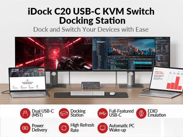 AV Access iDock C20 USB-C KVM Switch Docking Station for 2 Laptops, 4K Dual Monitor Design, 60W Charging for Each PC, 1G Ethernet, EDID Emulation