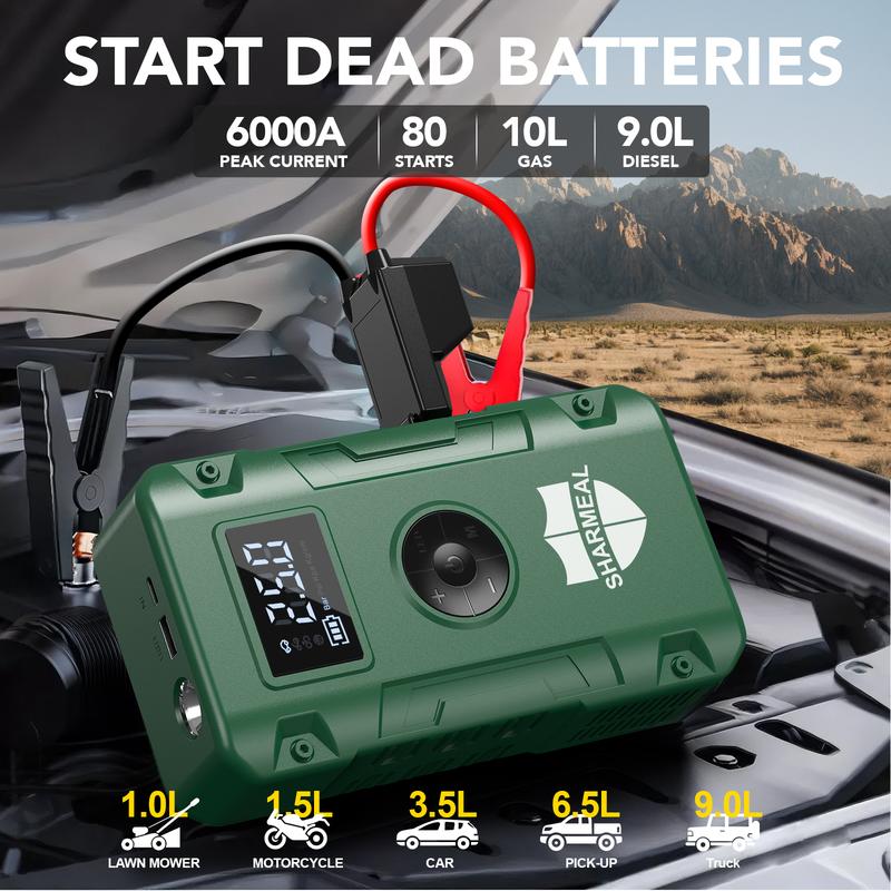 6000A Portable Car Jump Starter with Air Compressor 12VBattery Jump Starter Booster for 10 Gas and up to 9.0LDiesel Vehicles