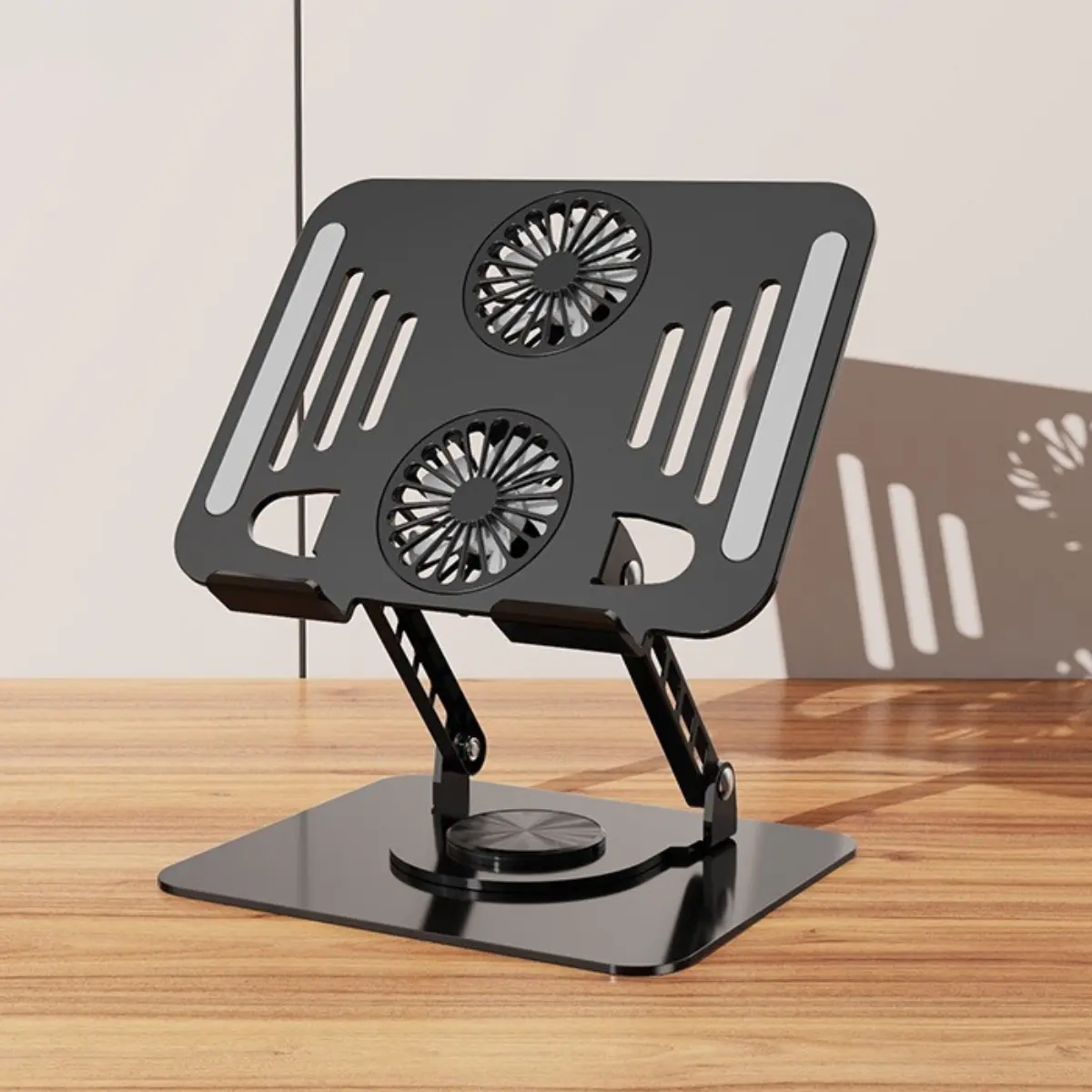 Carbon Steel Rotatable Base Tablet & Laptop Stand - USB-Powered Dual Fans Cooling Pad, 360° Rotating, Adjustable Height, Ergonomic Desk Office Accessory for iPads, Durable Metal Build