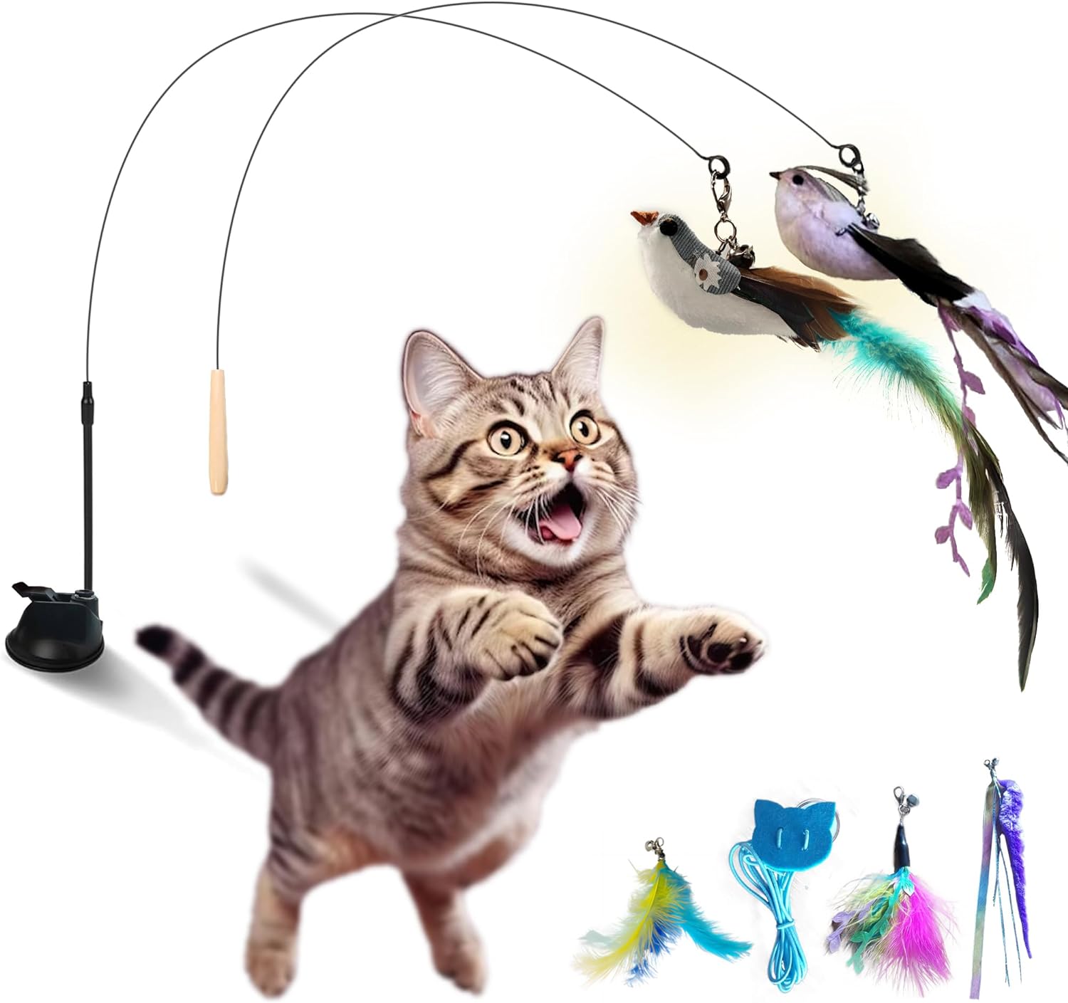 Cat Toy Wand Auto Interactive Toys for Indoor Cat 10 in 1 Hands-Free Natural Bird Feather Ball Toys, Suction Cup Pet Dancing Playing Toy