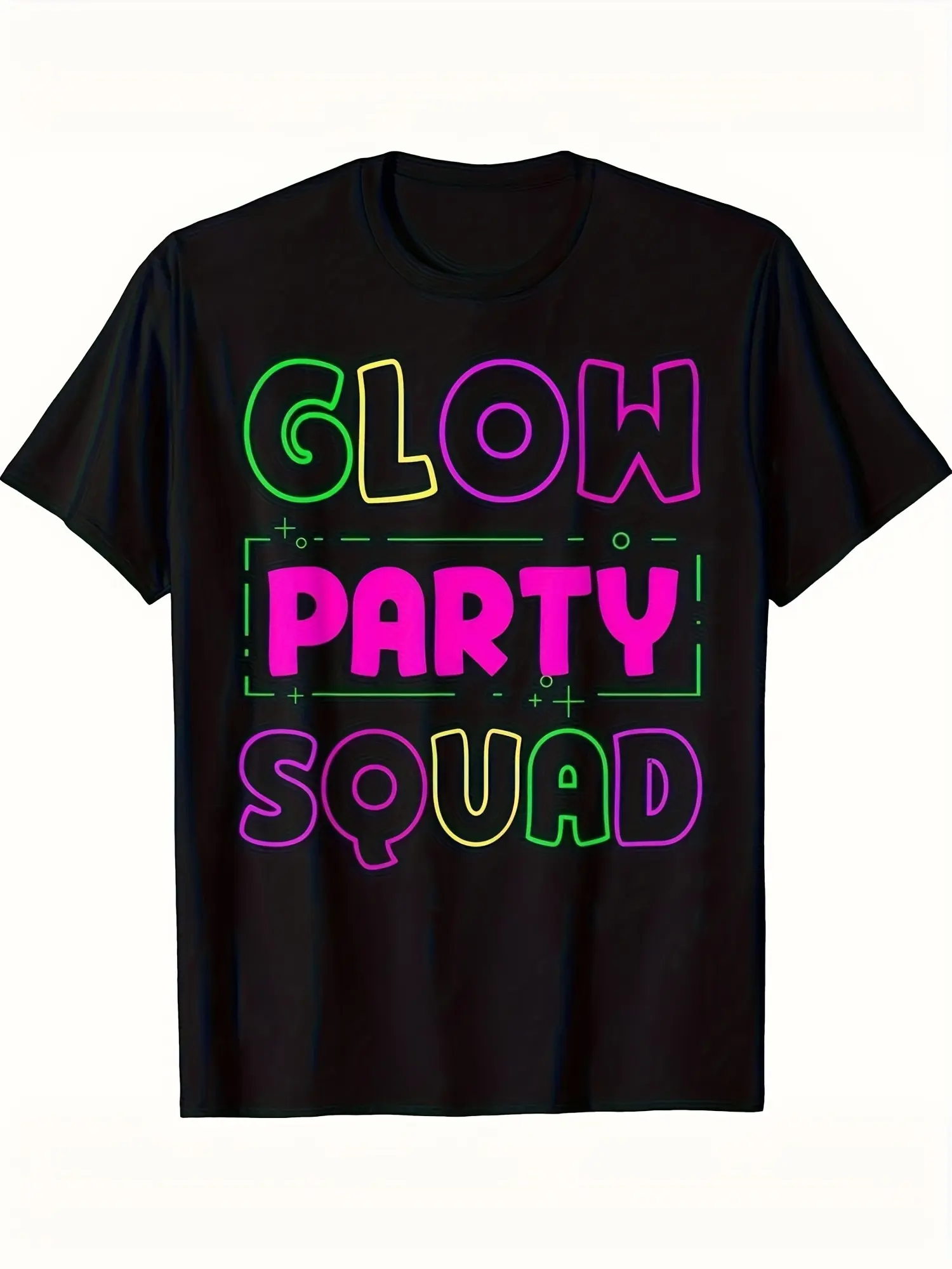 Glow Party Squad Men' Neon Glow Party Tee - Black Short Sleeve T-Shirt with Neon Geometric Print, Durable Hot Transfer & Machine Washable - Casual Summer Wear, Birthday Gift for Dad or Men Suitable for Parties & Night Outfits