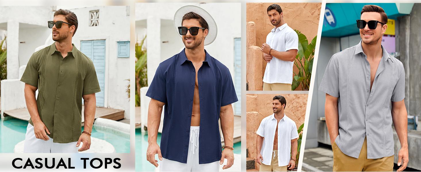Runcati Mens Linen Cuban Guayabera Shirts Button Down Short Sleeve Shirt Cotton Hippie Summer Beach Vacation Shirts Casual Shortsleeve