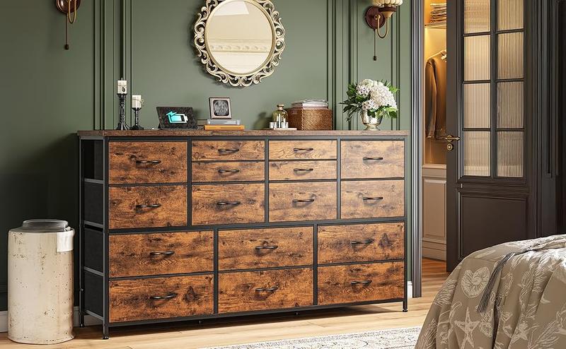 RaybeeFurniture Long Dresser for Bedroom with 16 Fabric Drawers, Modern Dresser with Charging Station, TV Stand for 60" TV Dressers & Chest of Drawers for Bedroom, Living Room, Closet